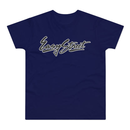 Navy t-shirt with "Easy Street" text graphic in grey and white.