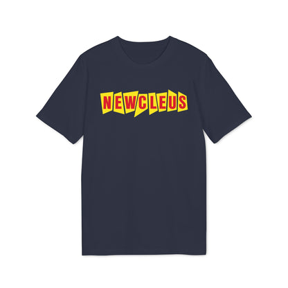 A dark navy blue t-shirt featuring the red and yellow Newcleus logo across the chest.