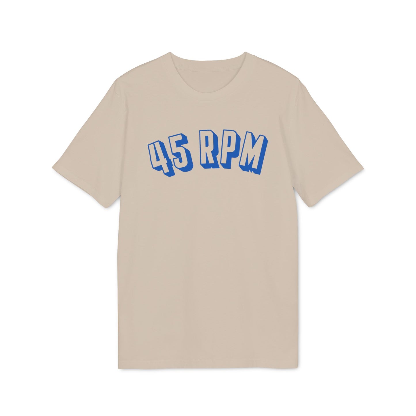 Light beige t-shirt with bold blue "45 RPM" graphic across the chest.