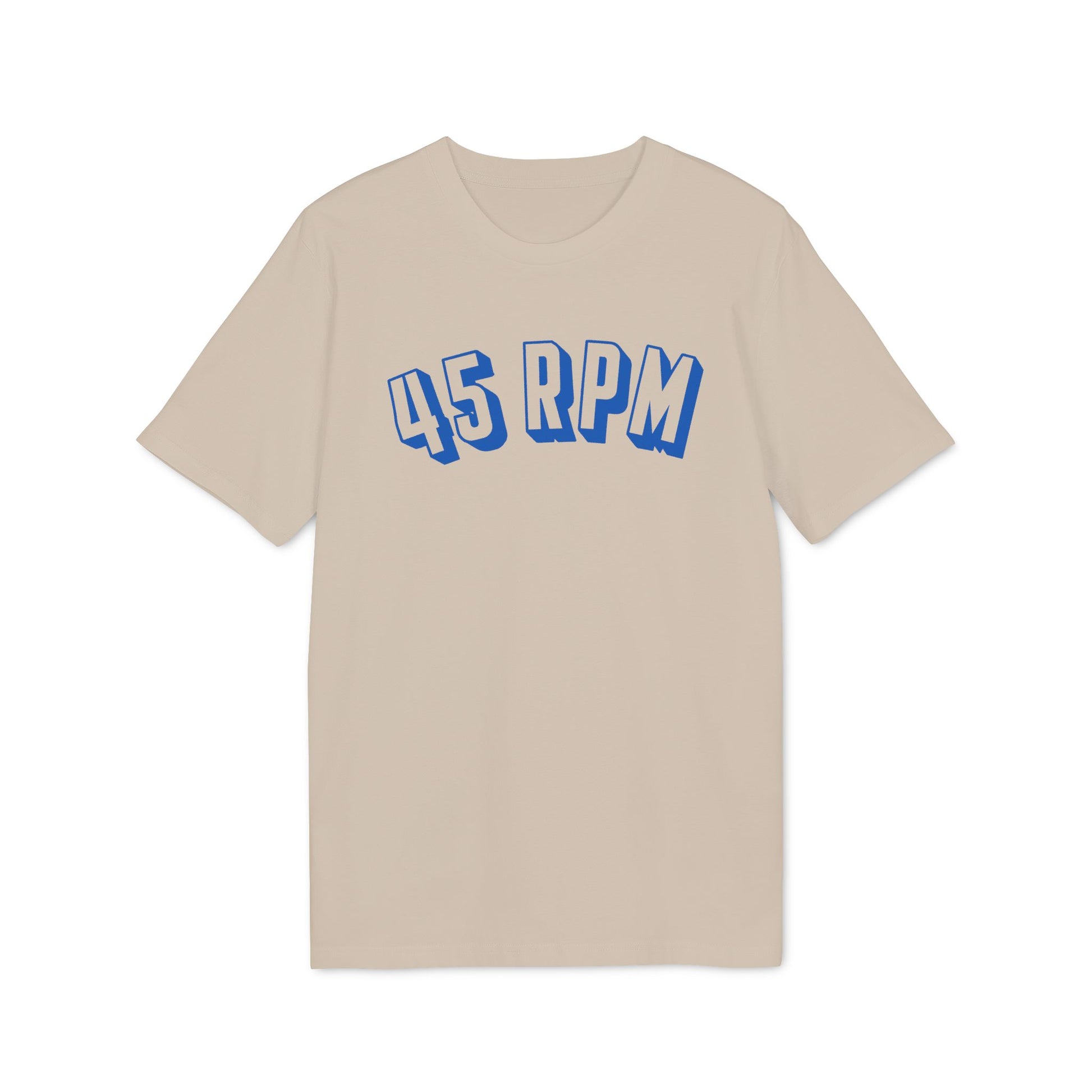 Light beige t-shirt with bold blue "45 RPM" graphic across the chest.