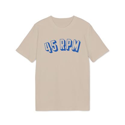 Light beige t-shirt with bold blue "45 RPM" graphic across the chest.