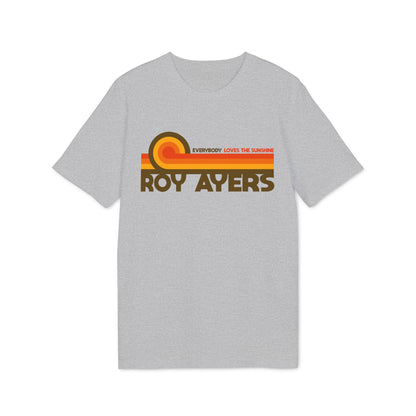 Grey t-shirt with retro "Roy Ayers Everybody Loves the Sunshine" graphic.