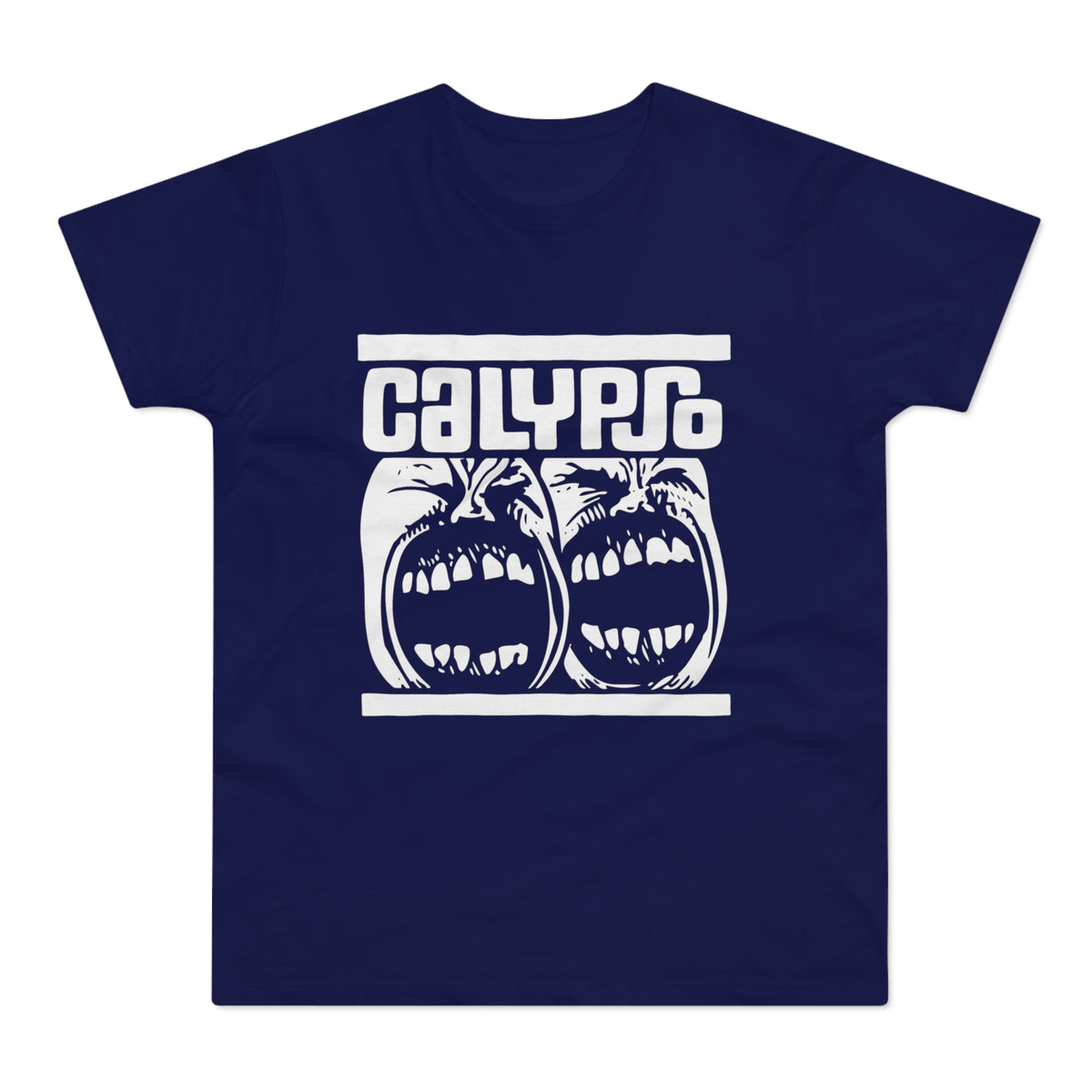 Navy t-shirt with white "CALYPSO" text and two screaming faces.