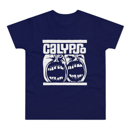 Navy t-shirt with white "CALYPSO" text and two screaming faces.