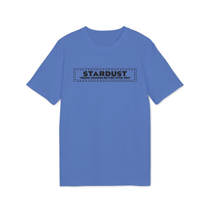 A blue short-sleeved t-shirt featuring a black box design with the text STARDUST and "MUSIC SOUNDS BETTER WITH YOU".