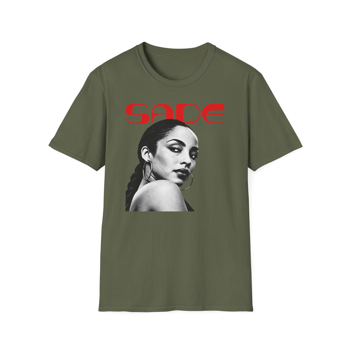 Olive green t-shirt with Sade's portrait and red text.