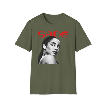 Olive green t-shirt with Sade's portrait and red text.