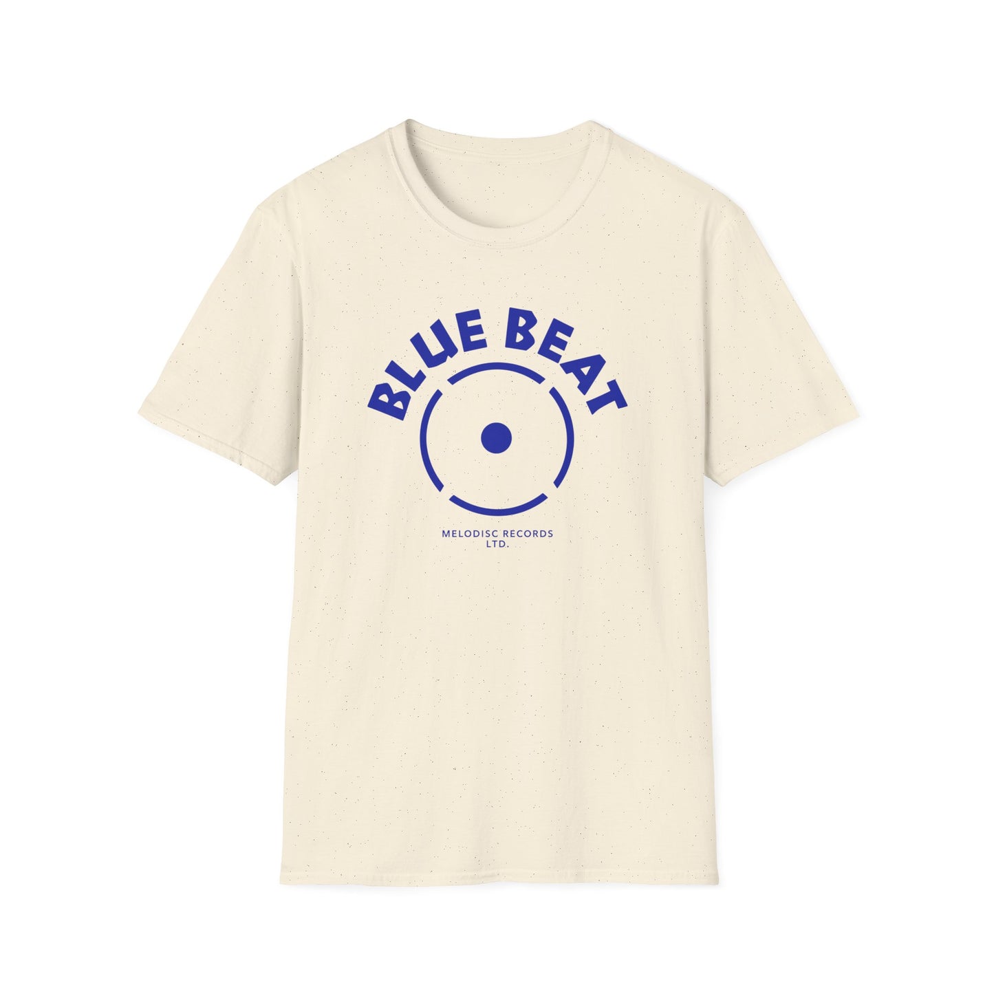 Cream t-shirt with blue "BLUE BEAT" logo and "MELODISC RECORDS LTD." text.