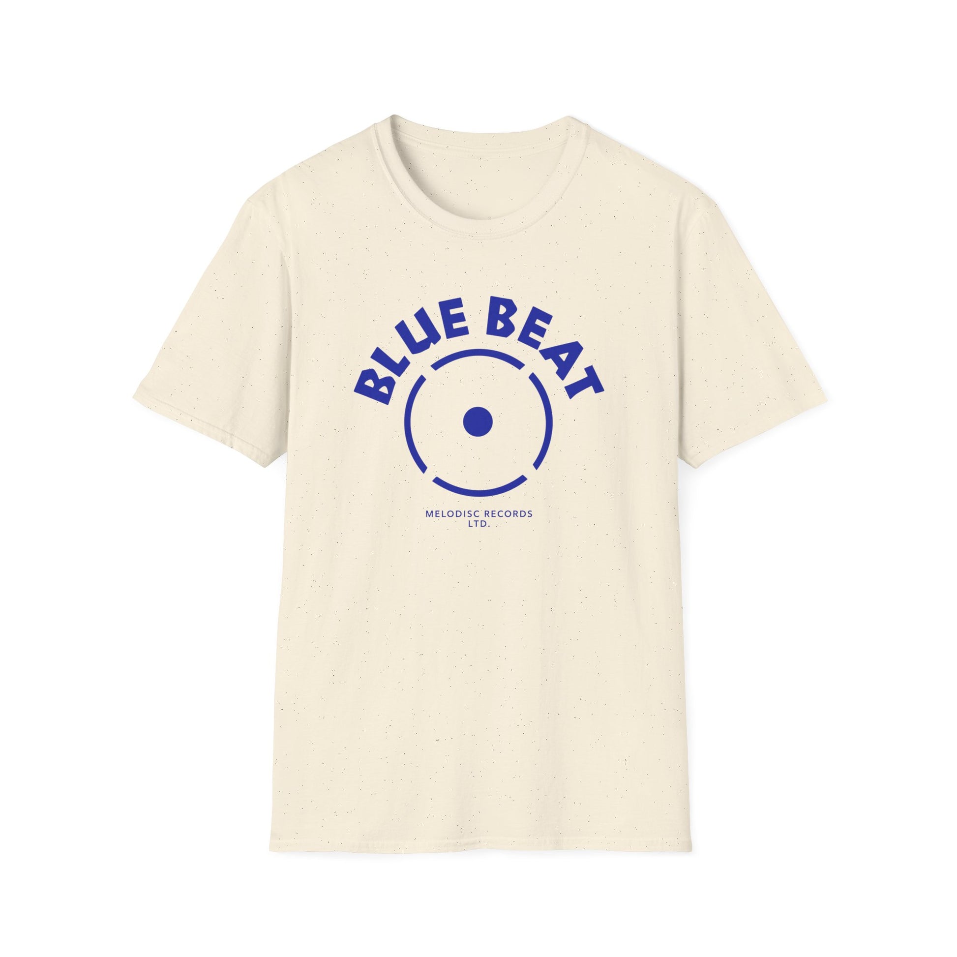 Cream t-shirt with blue "BLUE BEAT" logo and "MELODISC RECORDS LTD." text.