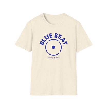 Cream t-shirt with blue "BLUE BEAT" logo and "MELODISC RECORDS LTD." text.