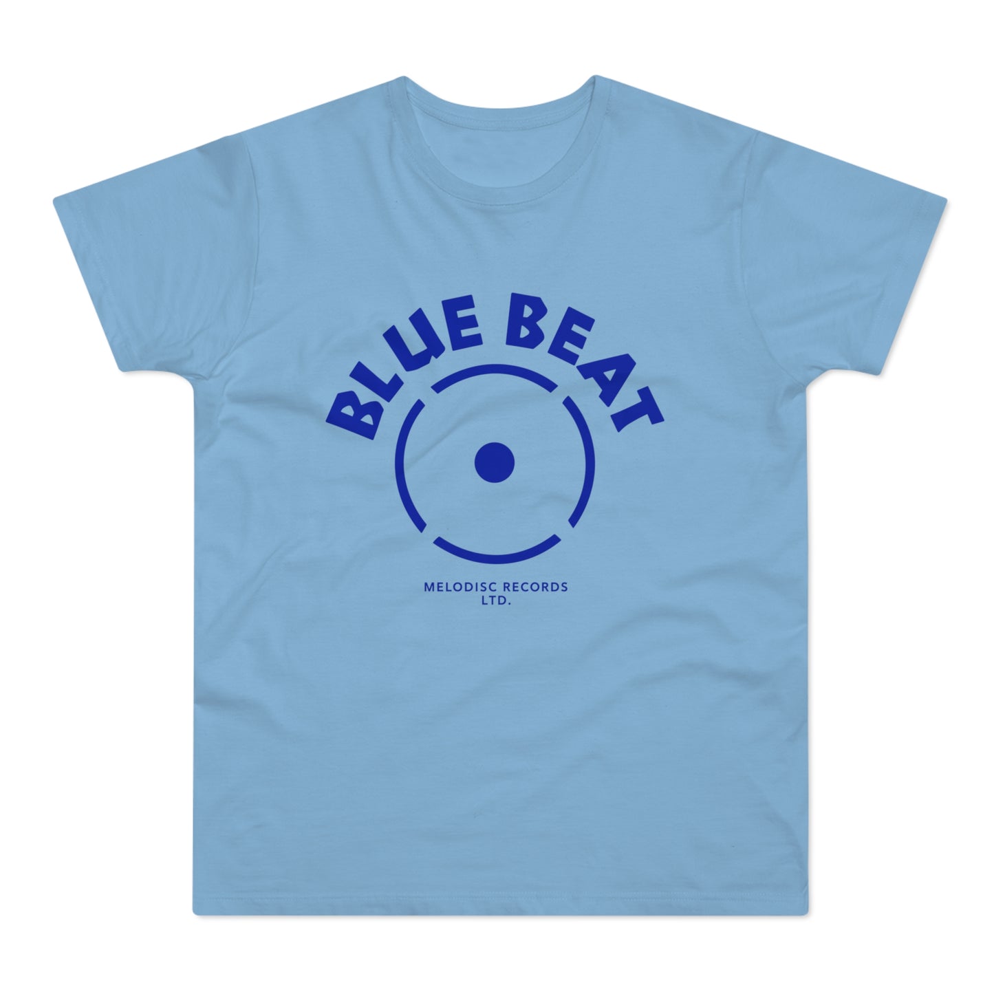 Light blue t-shirt with bold blue "BLUE BEAT" text and record logo.
