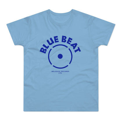 Light blue t-shirt with bold blue "BLUE BEAT" text and record logo.