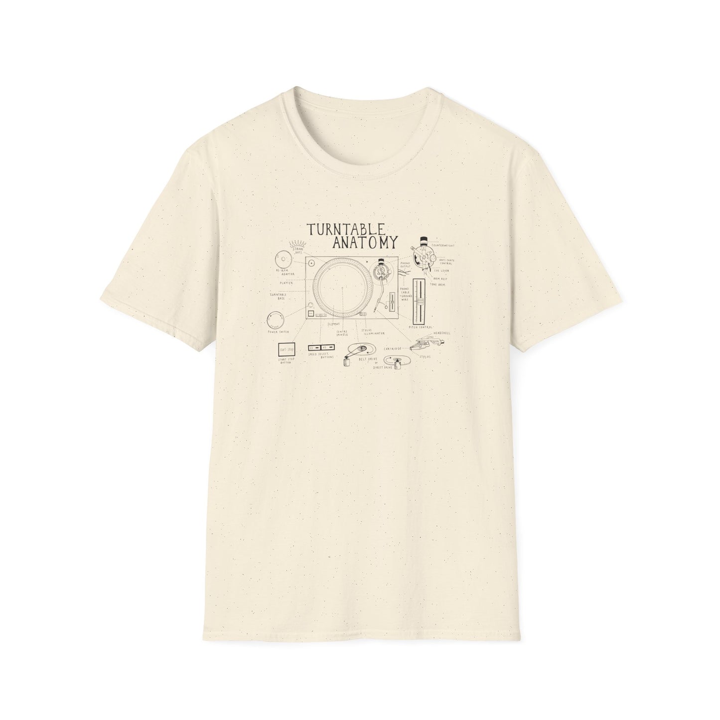 Cream t-shirt with a line drawing diagram of turntable anatomy.