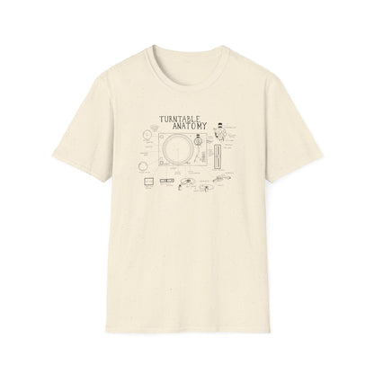 Cream t-shirt with a line drawing diagram of turntable anatomy.
