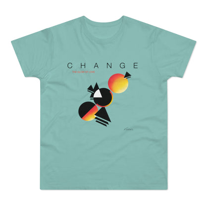 Light teal t-shirt with "CHANGE THE GLOW OF LOVE" and geometric graphic.