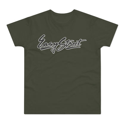 Green t-shirt with white "Easy Street" script text.