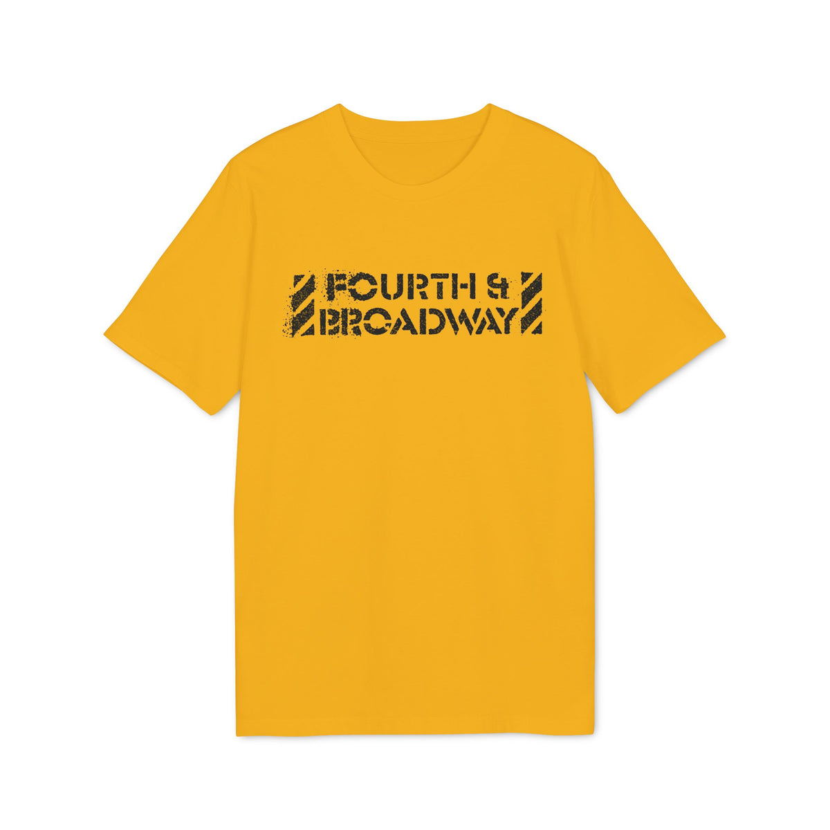 Bright yellow short-sleeved t-shirt featuring distressed black text reading Fourth & Broadway on the chest.