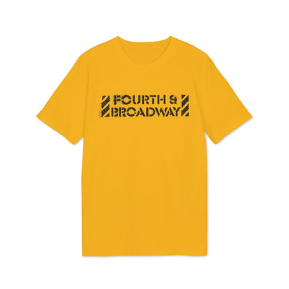 Bright yellow short-sleeved t-shirt featuring distressed black text reading Fourth & Broadway on the chest.
