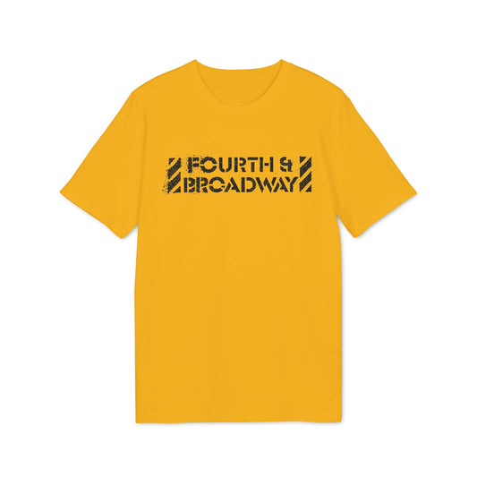 Bright yellow short-sleeved t-shirt featuring distressed black text reading Fourth & Broadway on the chest.