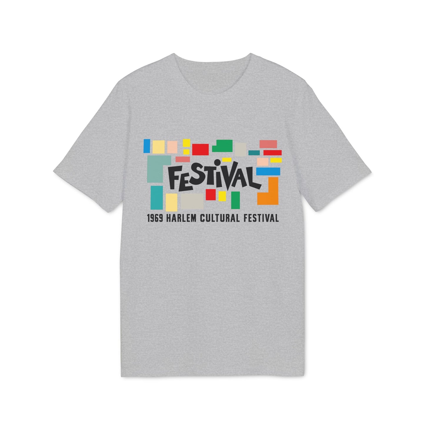 Grey t-shirt with "Festival 1969 Harlem Cultural Festival" text and colorful geometric shapes.
