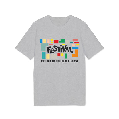 Grey t-shirt with "Festival 1969 Harlem Cultural Festival" text and colorful geometric shapes.