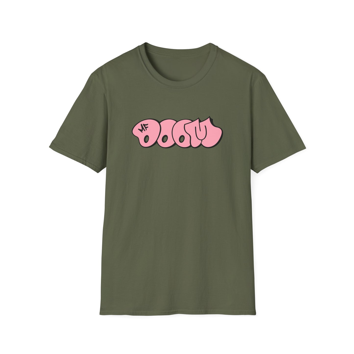 Olive green t-shirt with pink bubble text and "MF" logo.