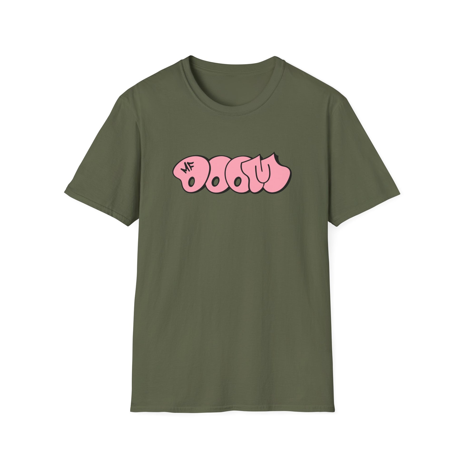 Olive green t-shirt with pink bubble text and "MF" logo.