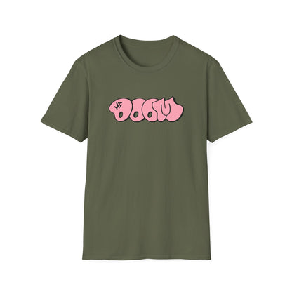 Olive green t-shirt with pink bubble text and "MF" logo.