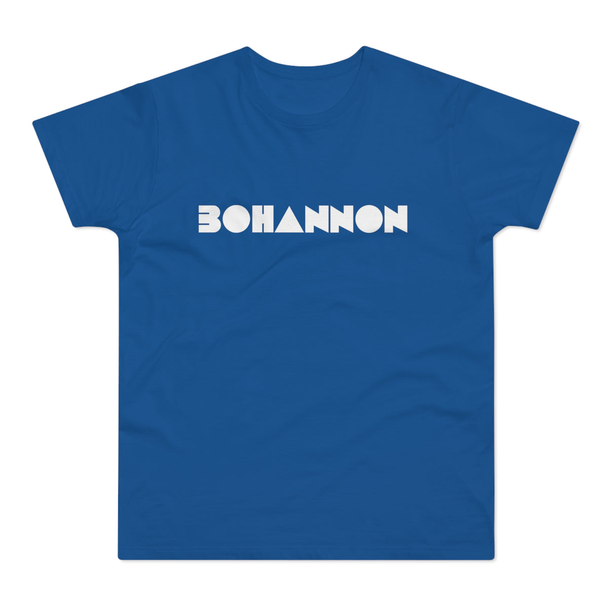 Blue t-shirt with white BOHANNON text in geometric font.