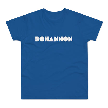 Blue t-shirt with white BOHANNON text in geometric font.