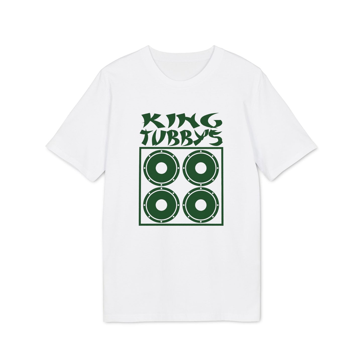 White t-shirt with green King Tubby's logo featuring four speaker cones.