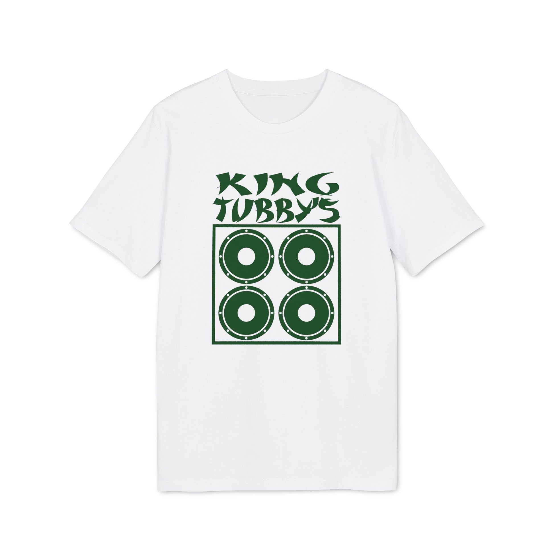 White t-shirt with green King Tubby's logo featuring four speaker cones.