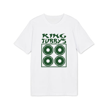 White t-shirt with green King Tubby's logo featuring four speaker cones.
