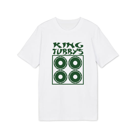 White t-shirt with green King Tubby's logo featuring four speaker cones.