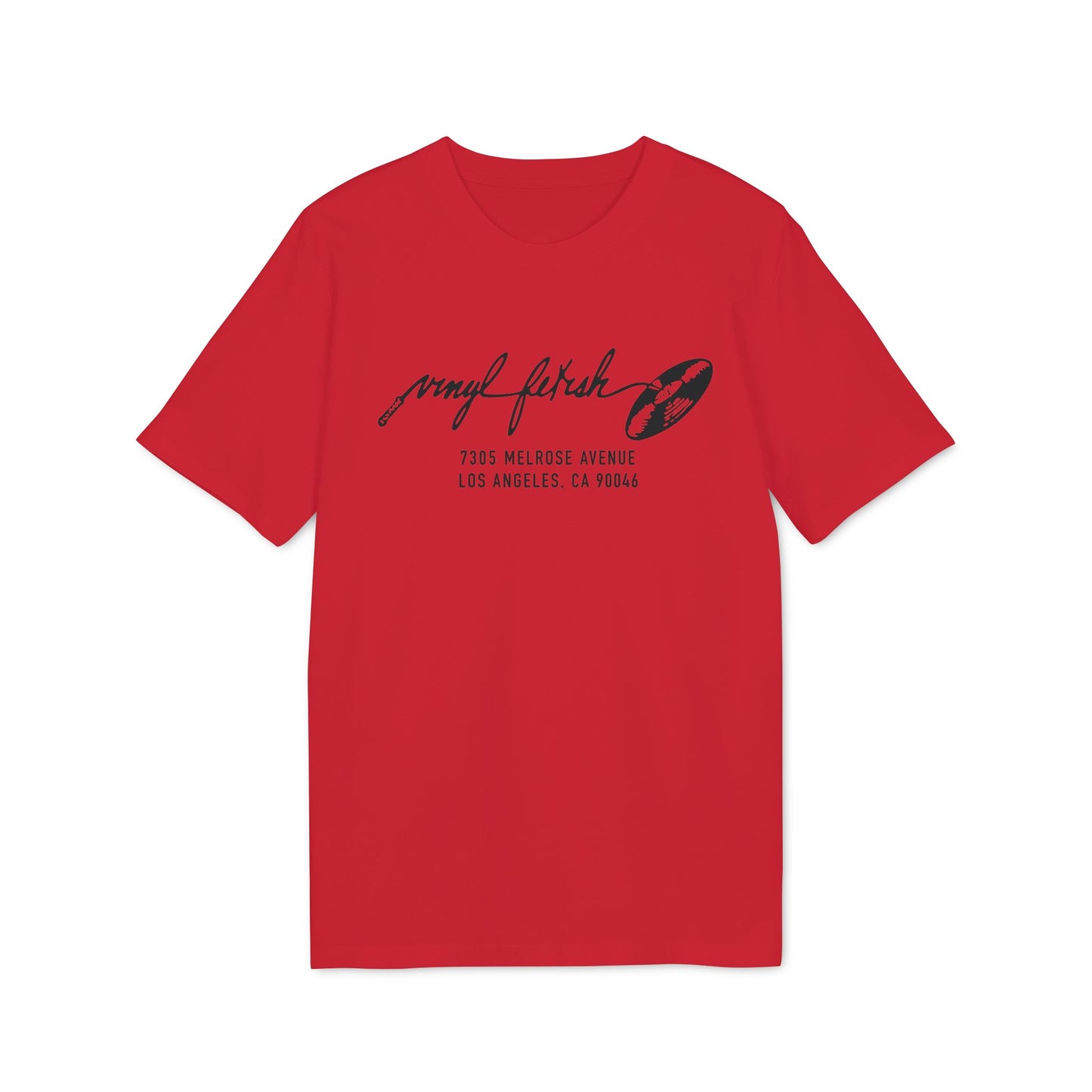 Red shirt with black text and record graphic.