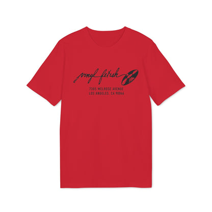 Red shirt with black text and record graphic.