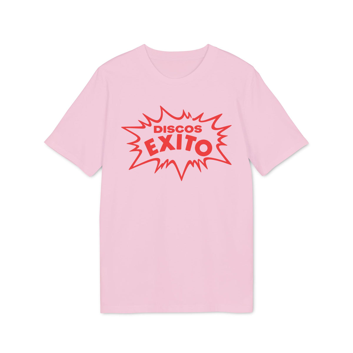 A pink short-sleeved t-shirt featuring a red comic-style burst graphic with the text Discos Exito.