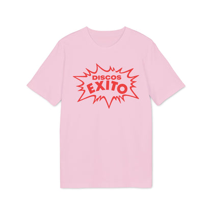 A pink short-sleeved t-shirt featuring a red comic-style burst graphic with the text Discos Exito.