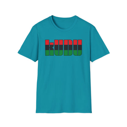 Teal t-shirt with "KUDU" text in red, black, and green blocks.