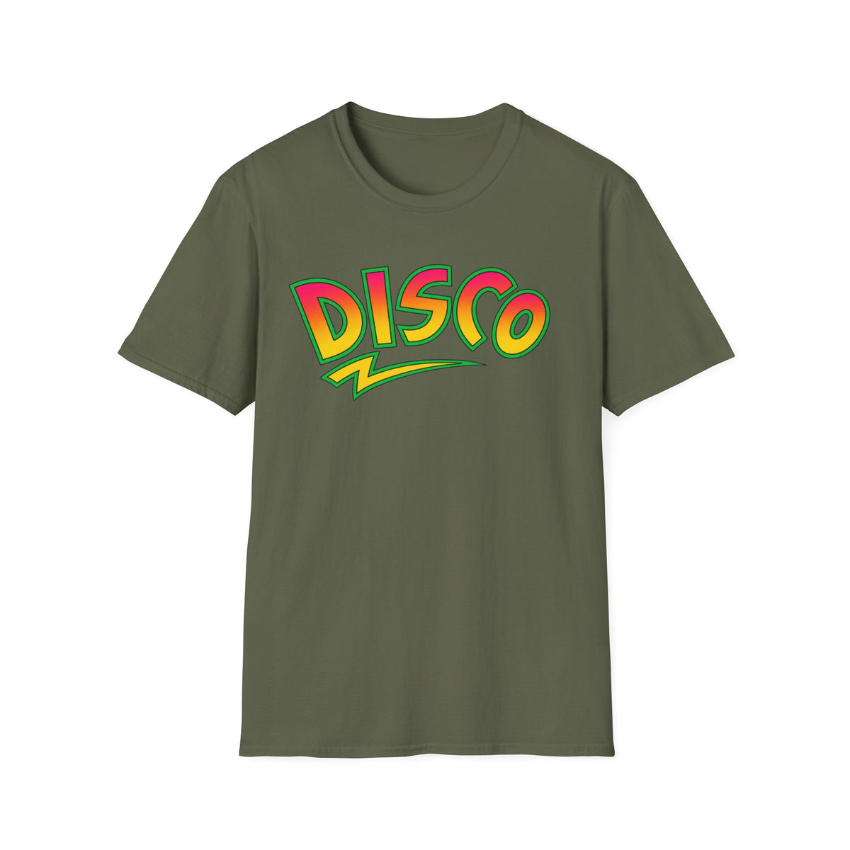 Green t-shirt with a "DISCO" graphic in vibrant, outlined text.