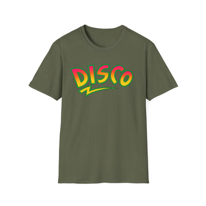 Green t-shirt with a "DISCO" graphic in vibrant, outlined text.