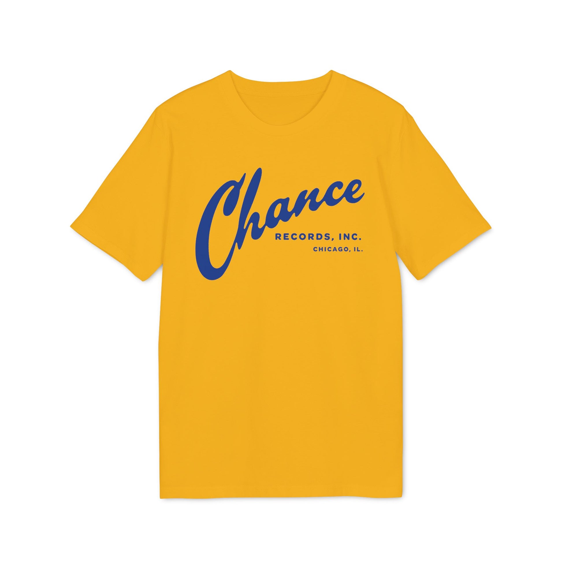 Yellow t-shirt with blue "Chance Records, Inc. Chicago, IL" logo.