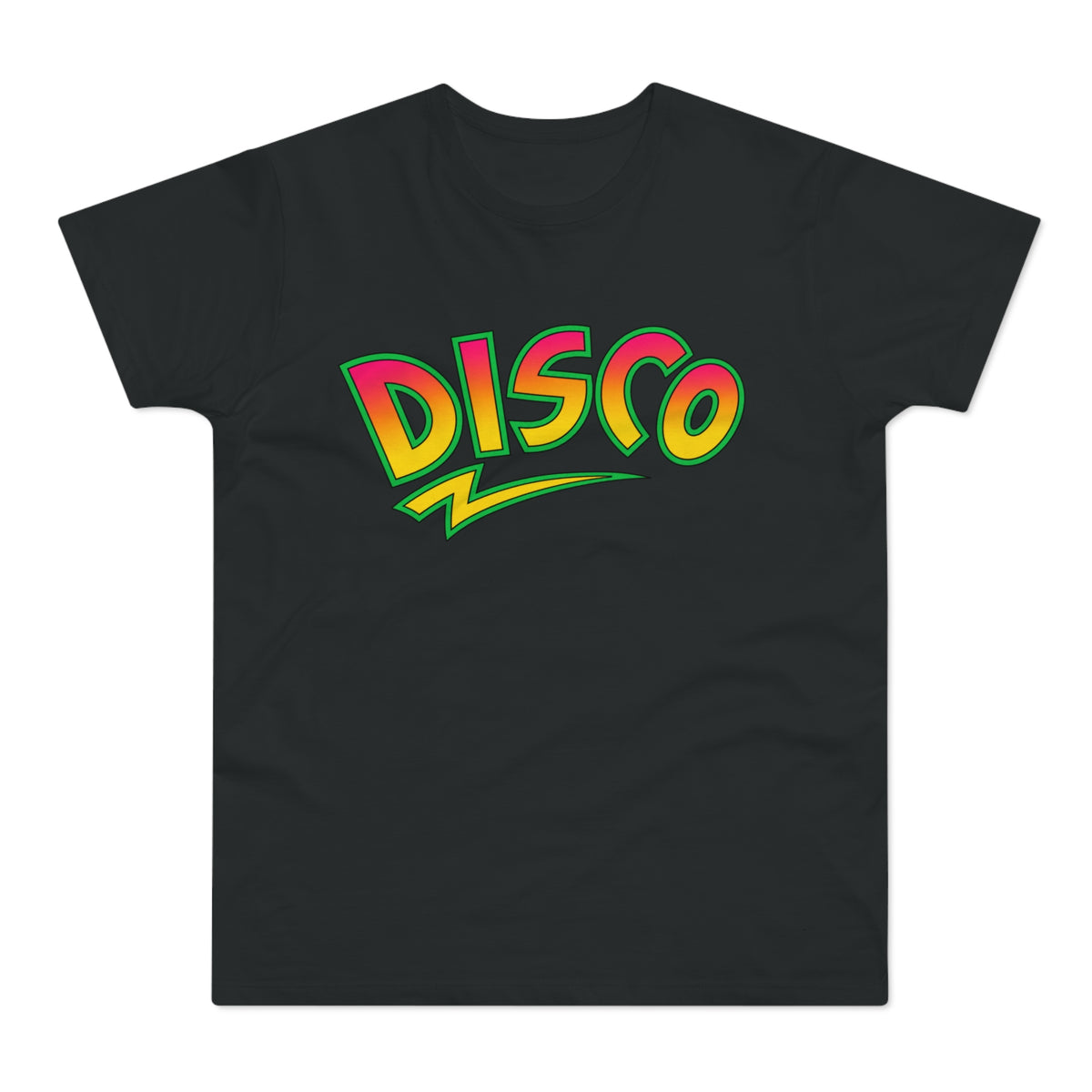 Black t-shirt featuring the word DISCO in colorful pink, yellow, and green retro typography.