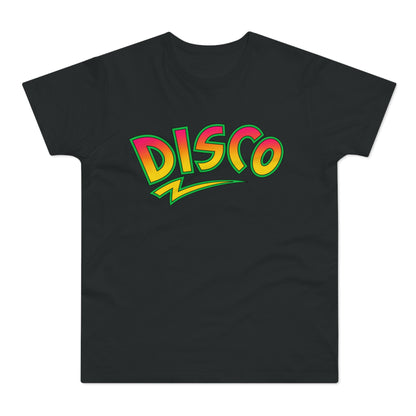 Black t-shirt featuring the word DISCO in colorful pink, yellow, and green retro typography.