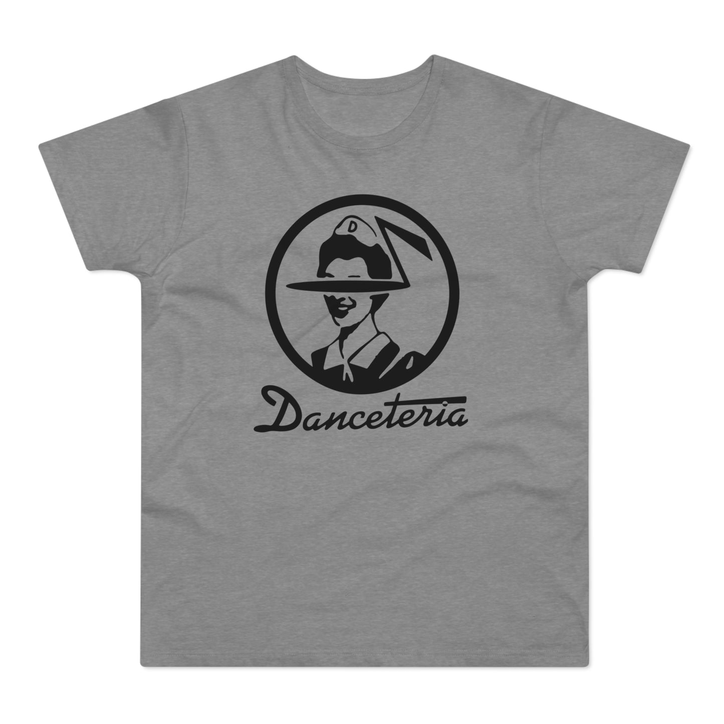 Grey t-shirt with black circular logo featuring a person in a hat and the text "Danceteria".