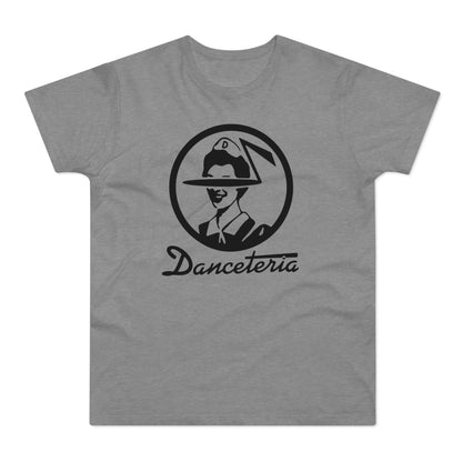 Grey t-shirt with black circular logo featuring a person in a hat and the text "Danceteria".
