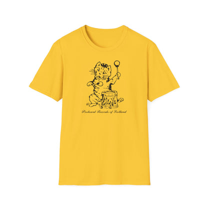 Yellow t-shirt with a black cartoon cat playing a drum, "Postcard Records of Scotland" text.