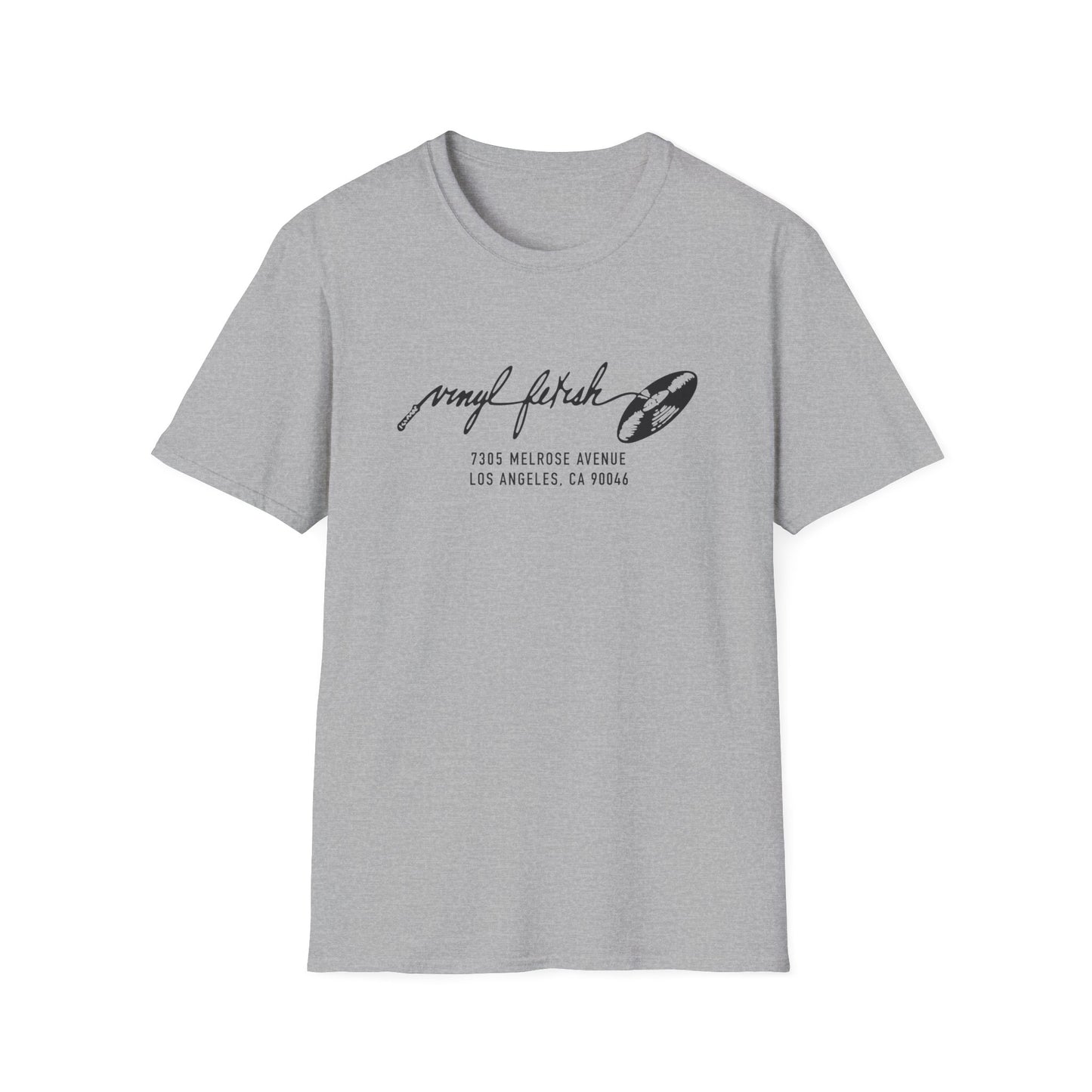 Grey t-shirt with "vinyl fetish" text and vinyl record graphic.