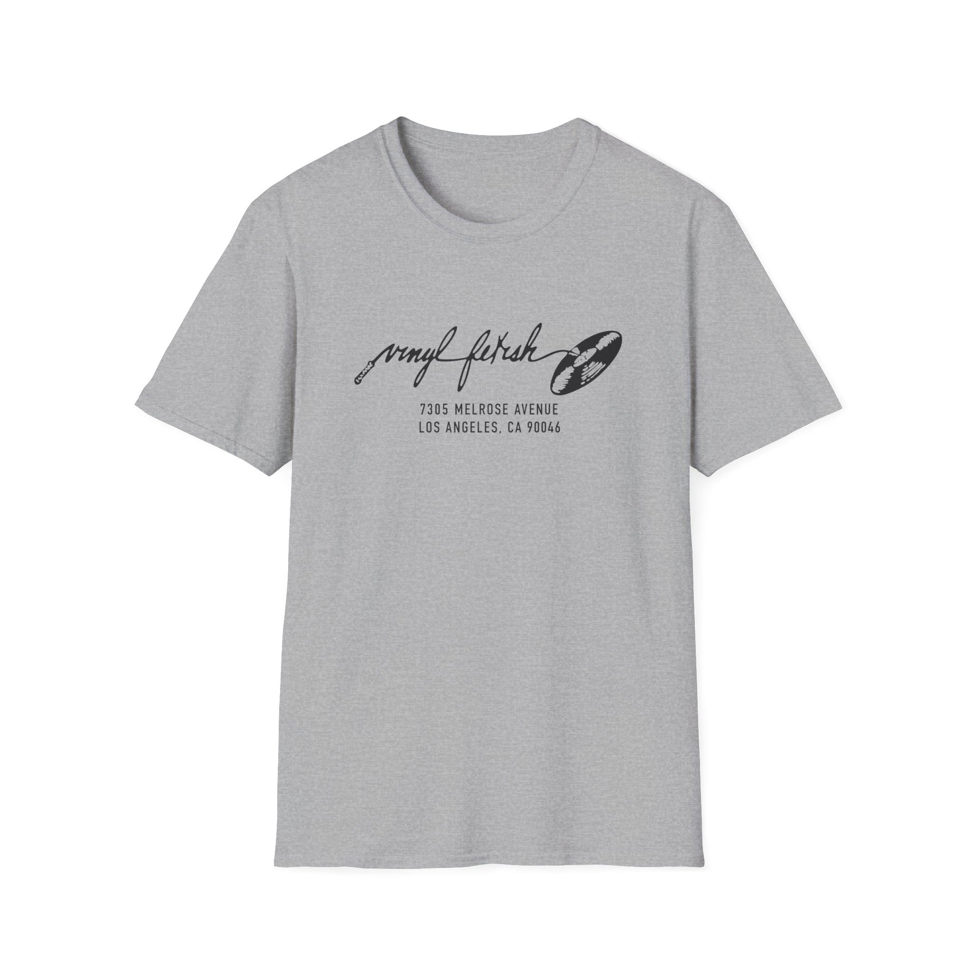 Grey t-shirt with "vinyl fetish" text and vinyl record graphic.