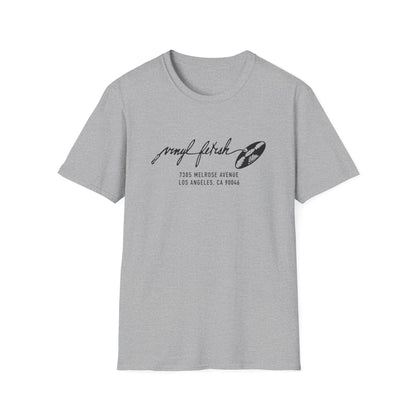 Grey t-shirt with "vinyl fetish" text and vinyl record graphic.